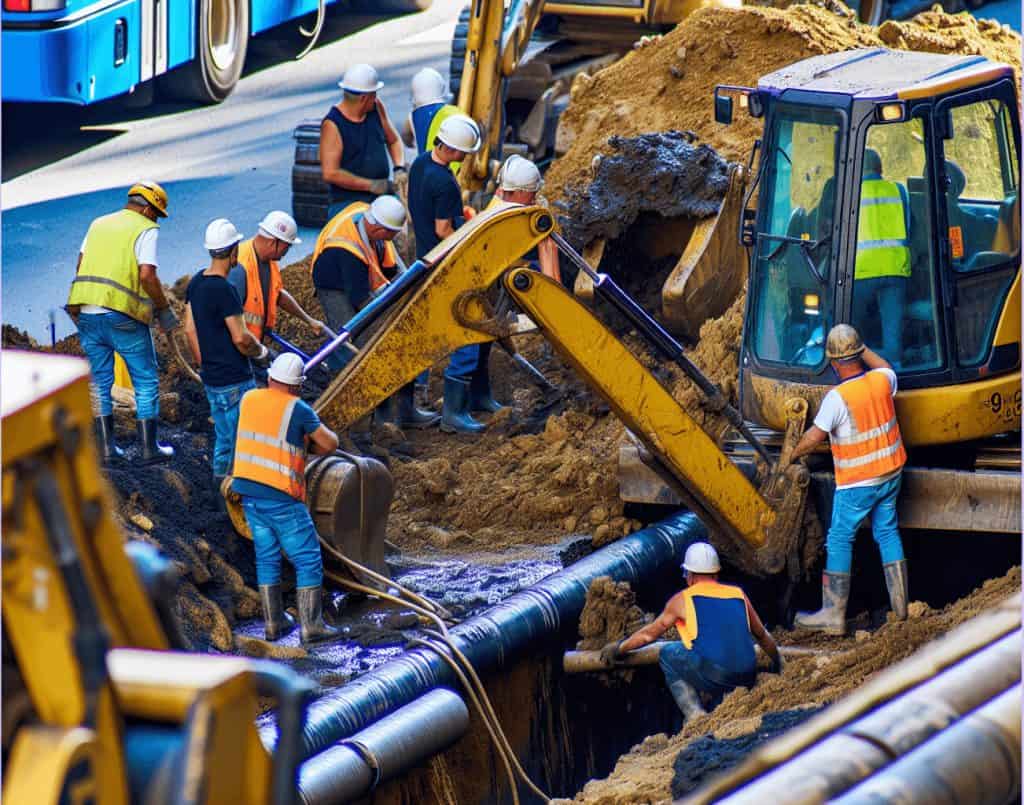 Pipeworks Plumbing and Construction crew wearing safety vests and helmets installing large black pipes in a trench with heavy machinery at an active construction site, demonstrating professional pipe installation and teamwork in the plumbing and construction industry.