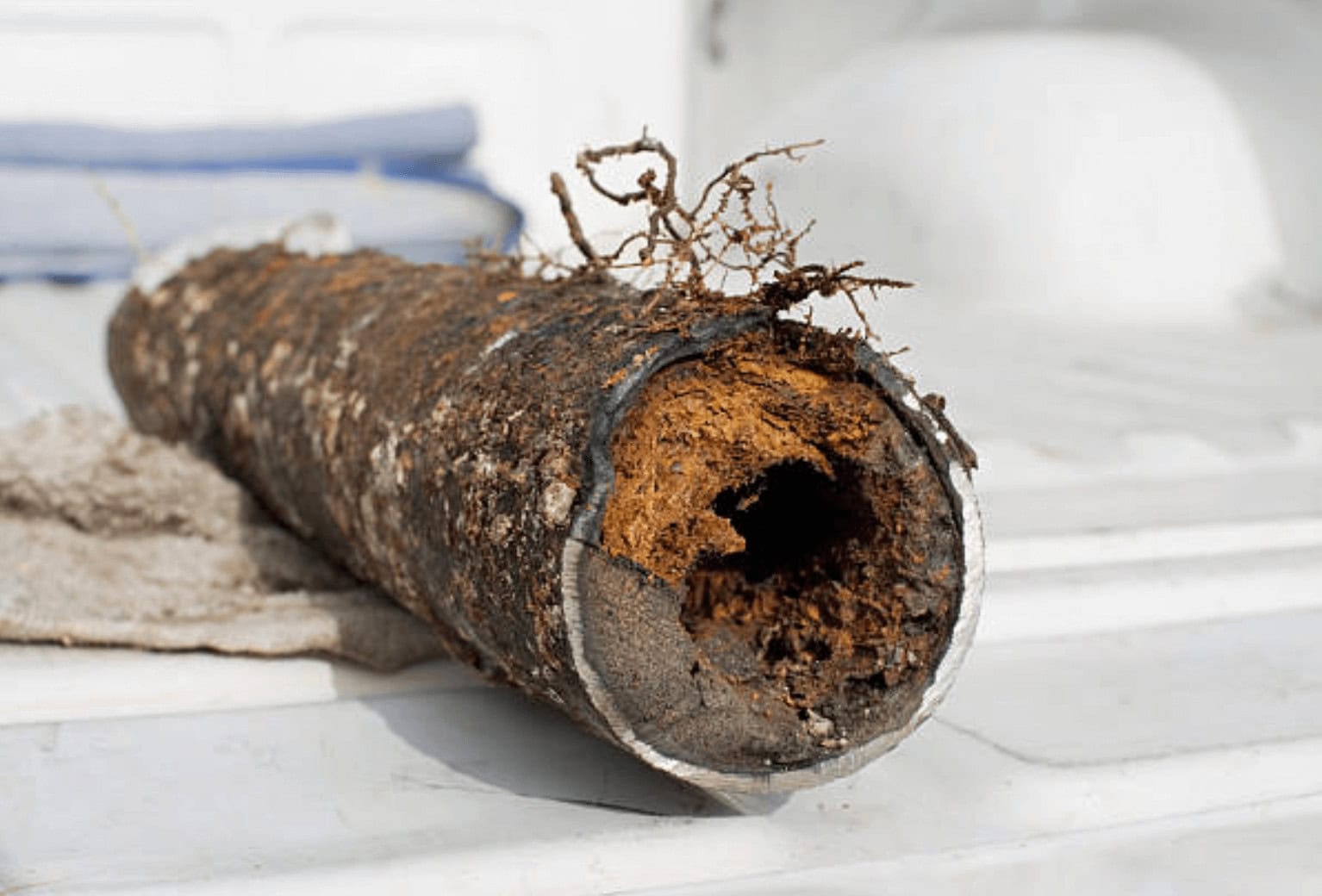 Close-up of a corroded metal pipe clogged with rust and invasive tree roots, likely causing a basement drain backup; photographed on a white surface for Pipeworks Plumbing and Construction to illustrate common plumbing issues.