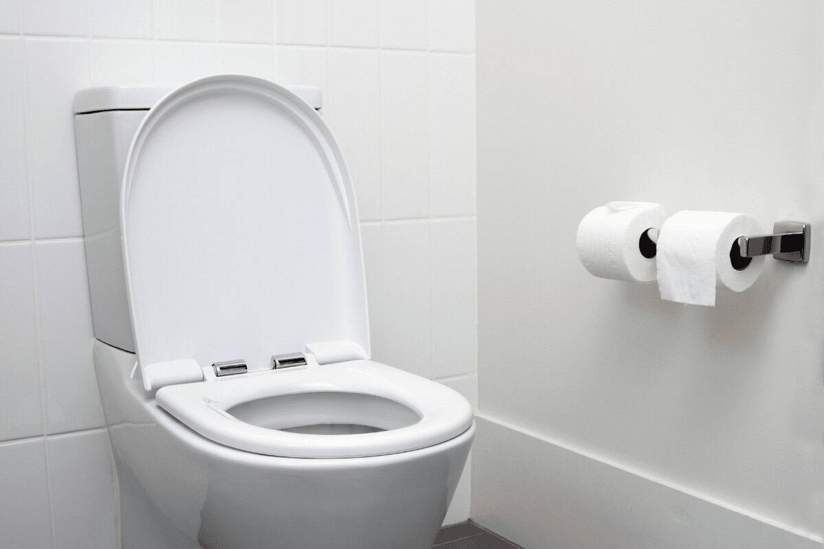 A clean white toilet with lid and seat raised, installed by Pipeworks Plumbing and Construction, beside a wall-mounted double toilet paper holder in a brightly lit, tiled bathroom—showcasing quality plumbing work and promoting peace of mind with sewer line insurance.