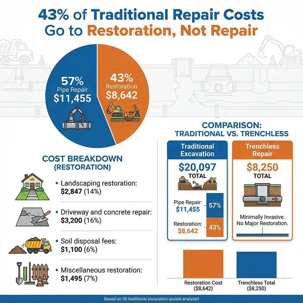 Prodigy Sewer and Drain shows trenchless repair saves money and avoids big restorations compared to traditional pipe repair.