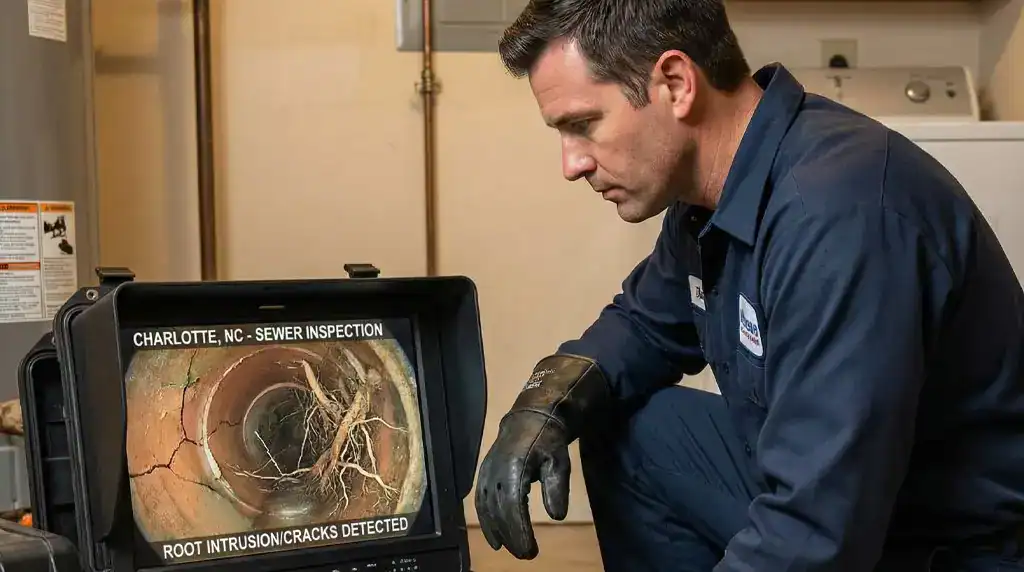 Pipeworks Plumbing and Construction's plumber detects pipe problems from tree roots and cracks during a sewer inspection.