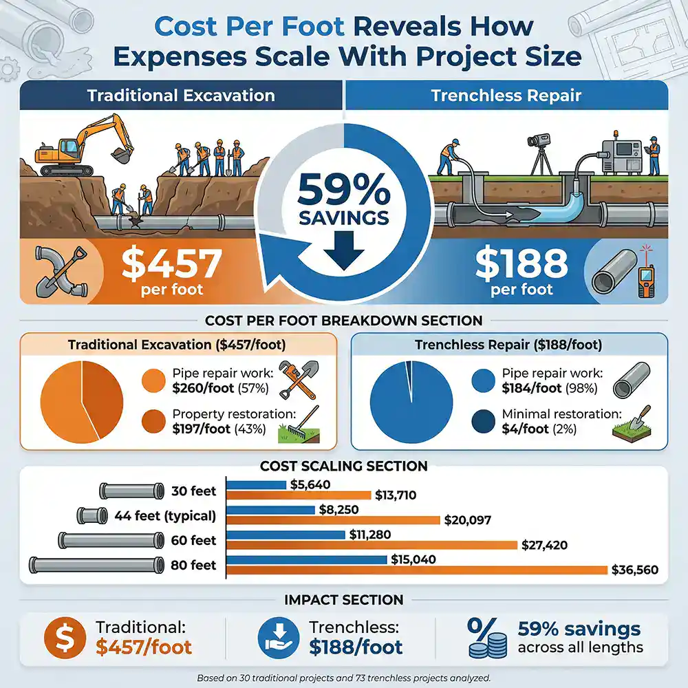 Prodigy Sewer and Drain shows trenchless repair saves 59% over excavation, costing $188/foot vs. $457/foot.