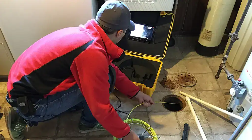 Pipeworks Plumbing and Construction inspects a floor drain with a camera to check for clogs, showing inside the pipe on the monitor.