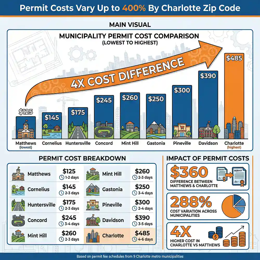 Prodigy Sewer and Drain compares permit costs by Charlotte zip code, showing Matthews is lowest and Charlotte is highest.