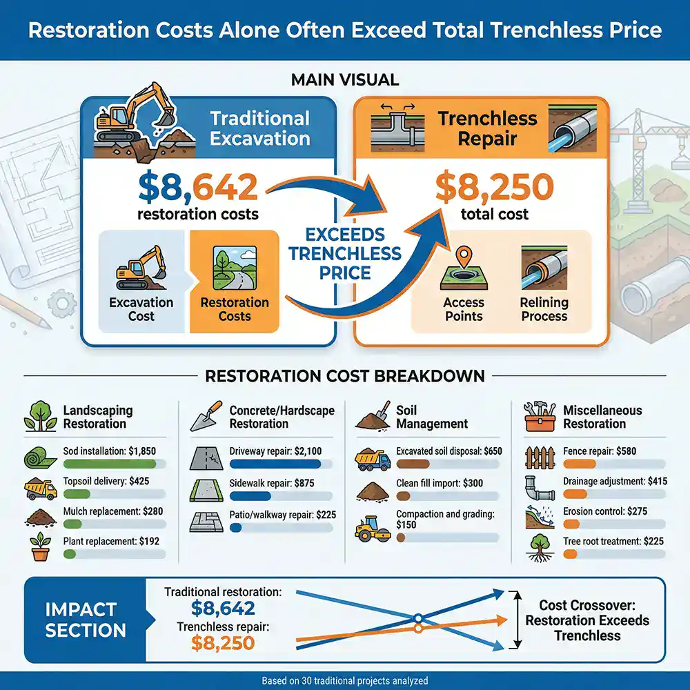 Prodigy Sewer and Drain shows trenchless repair costs less than traditional excavation, with details on where money is spent.