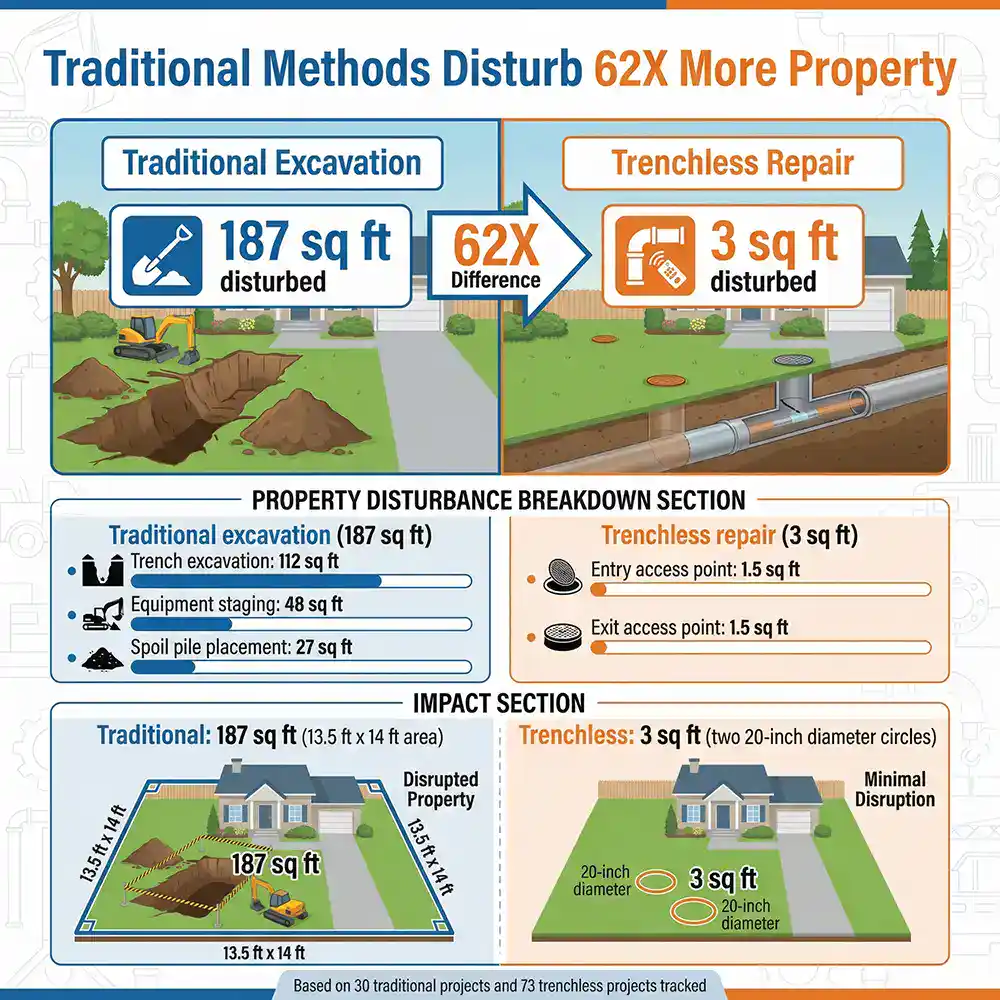 Prodigy Sewer and Drain shows trenchless repair disturbs much less property than traditional digging in a simple comparison.