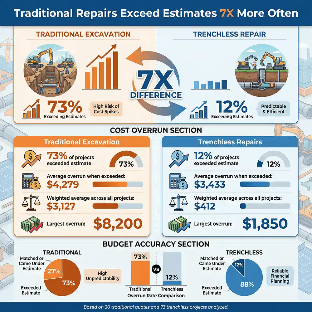 Prodigy Sewer and Drain shows trenchless pipe repair costs go over less often and by less than traditional repairs.