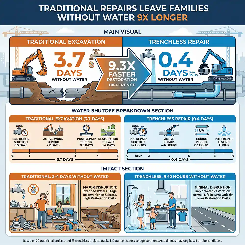 Prodigy Sewer and Drain shows trenchless repair is quicker, with less water shutoff and property damage than excavation.
