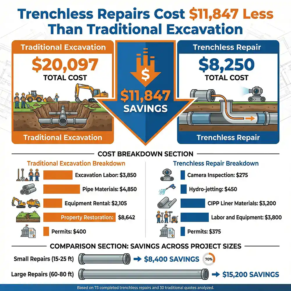 Prodigy Sewer and Drain shows trenchless repair saves $11,847 over excavation, comparing costs for different project sizes.