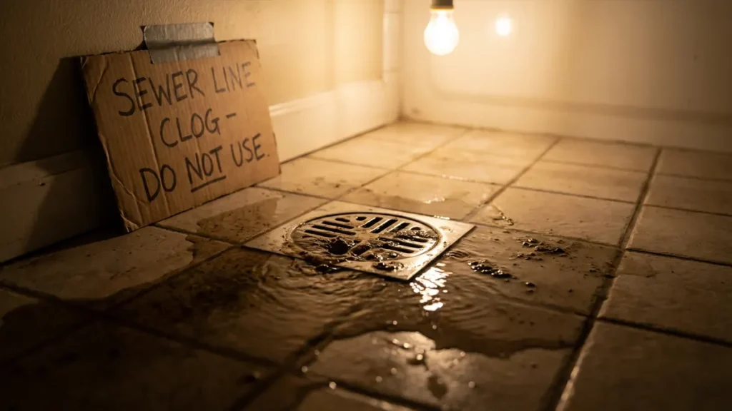 A blocked drain warning from Pipeworks Plumbing and Construction shows an area that can't be used because of standing dirty water.