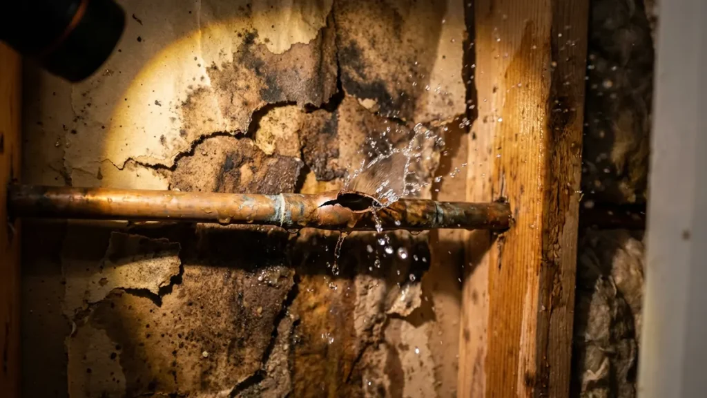 Serious water damage in a wall showing why Pipeworks Plumbing and Construction repairs leaks and prevents mold problems.