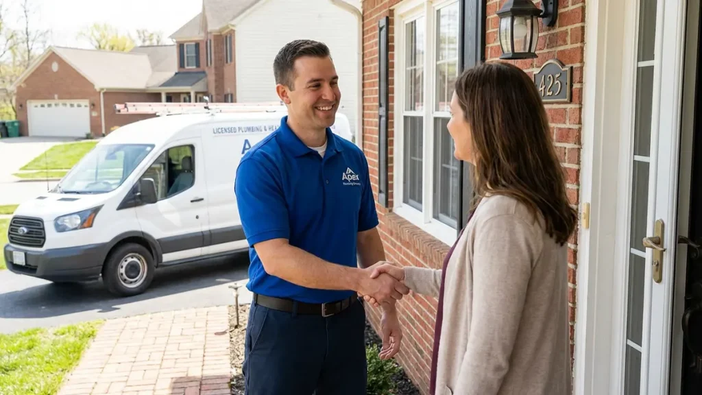 A Pipeworks Plumbing & Construction plumber greets a woman at her home, showing friendly, helpful service in their neighborhood.