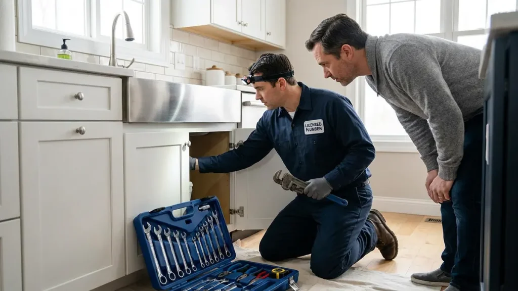 Pipeworks Plumbing & Construction plumber helps a customer with kitchen sink repairs, showing trusted and friendly service.