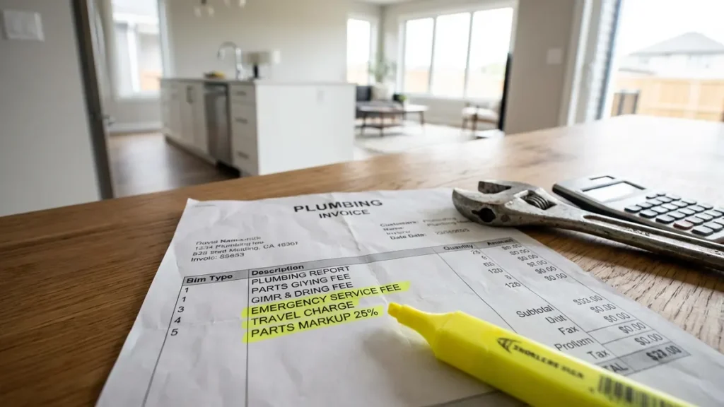 Pipeworks Plumbing & Construction invoice shows clear charges, suggesting a professional plumbing service in a modern home.