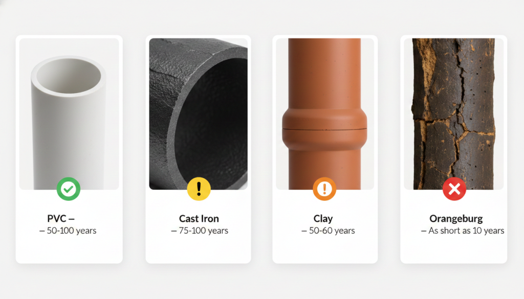 Prodigy Sewer and Drain compares pipe lifespans: PVC lasts the longest, Orangeburg fails fastest; cast iron and clay are in between.