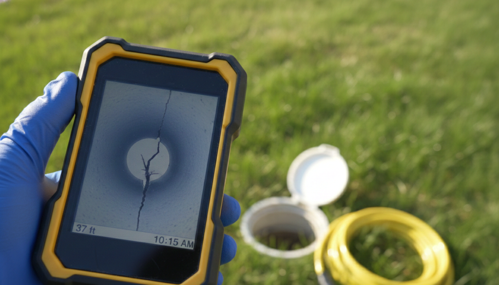 Prodigy Sewer and Drain detects a cracked pipe underground using a device, showing 37 feet at 10:15 AM.