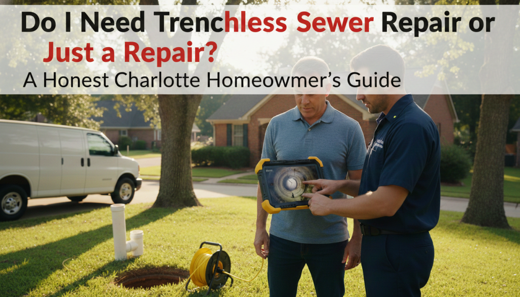 A Prodigy Sewer and Drain worker explains sewer repair choices to a homeowner, asking if trenchless repair is needed.