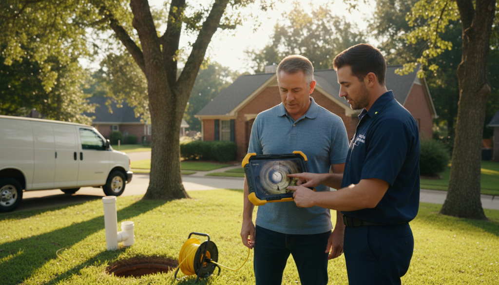 A Prodigy Sewer and Drain technician explains camera pipe inspection to a homeowner in their suburban yard.