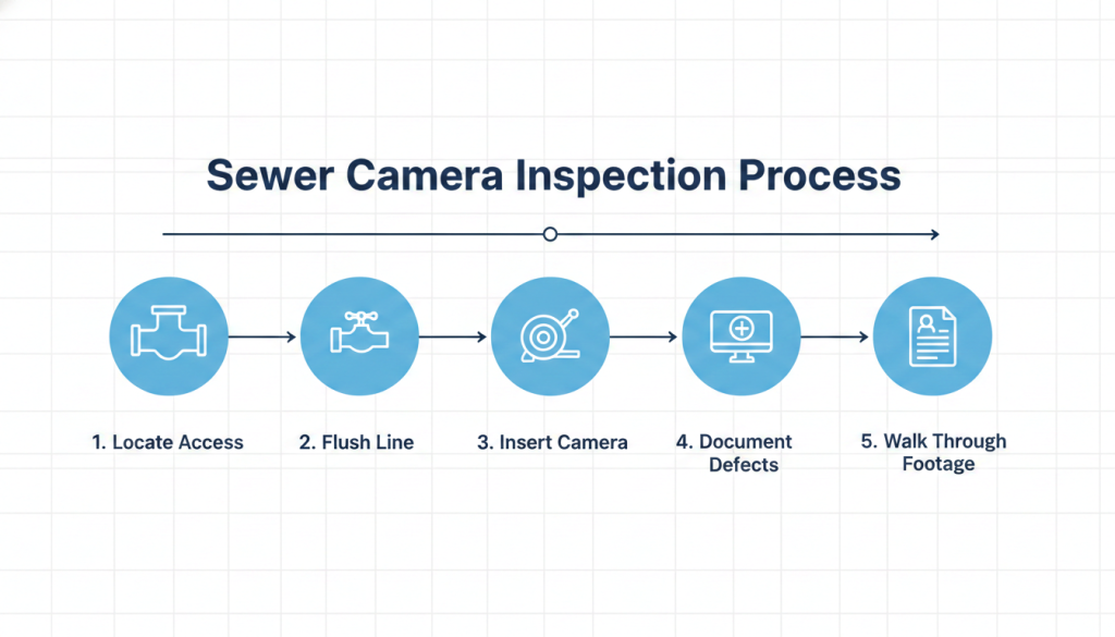 Prodigy Sewer and Drain’s diagram explains the five key steps in their simple sewer camera inspection process.