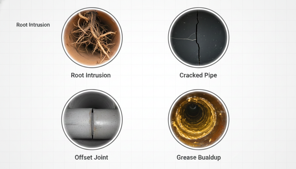 Prodigy Sewer and Drain shows common pipe problems: roots, cracks, misaligned joints, and grease blocking water flow.