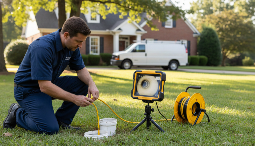 A Prodigy Sewer and Drain worker uses equipment to check underground pipes outside a house.