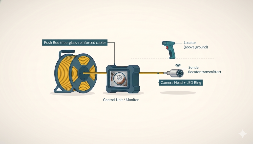 Prodigy Sewer and Drain system shows how their tools inspect pipes and send video above ground for easy locating.