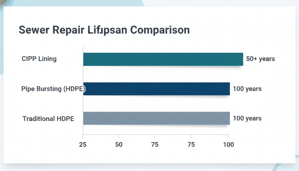 Prodigy Sewer and Drain shows CIPP lasts 50+ years, while HDPE methods both last about 100 years for sewer repair.