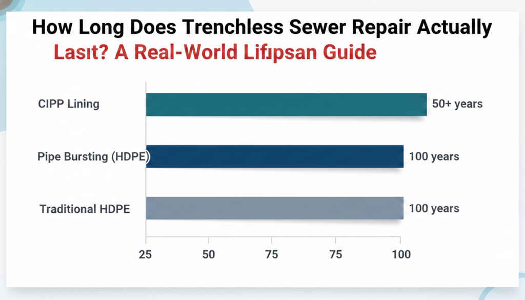 Prodigy Sewer and Drain shows CIPP lasts 50+ years, while HDPE pipe bursting and traditional methods last 100 years.