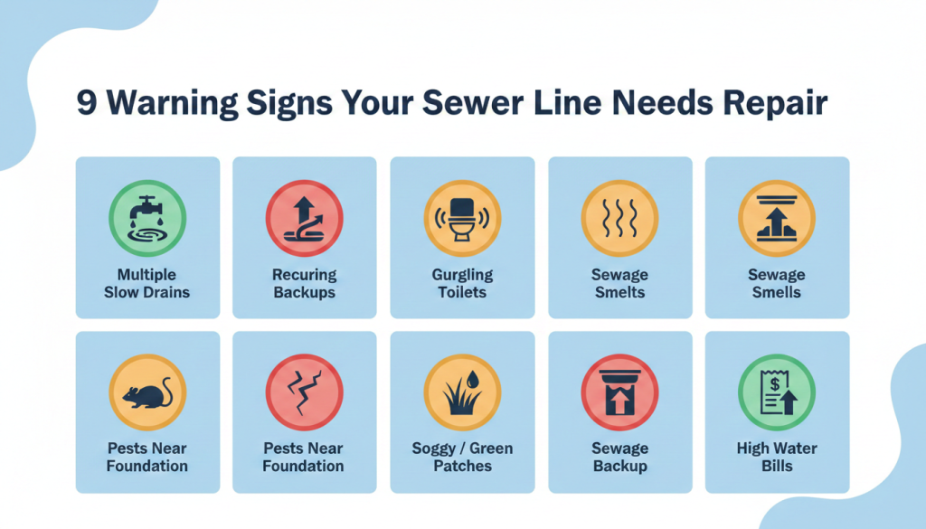 Prodigy Sewer and Drain shows 9 signs your sewer needs repair, like slow drains, backups, smells, pests, and high water bills.