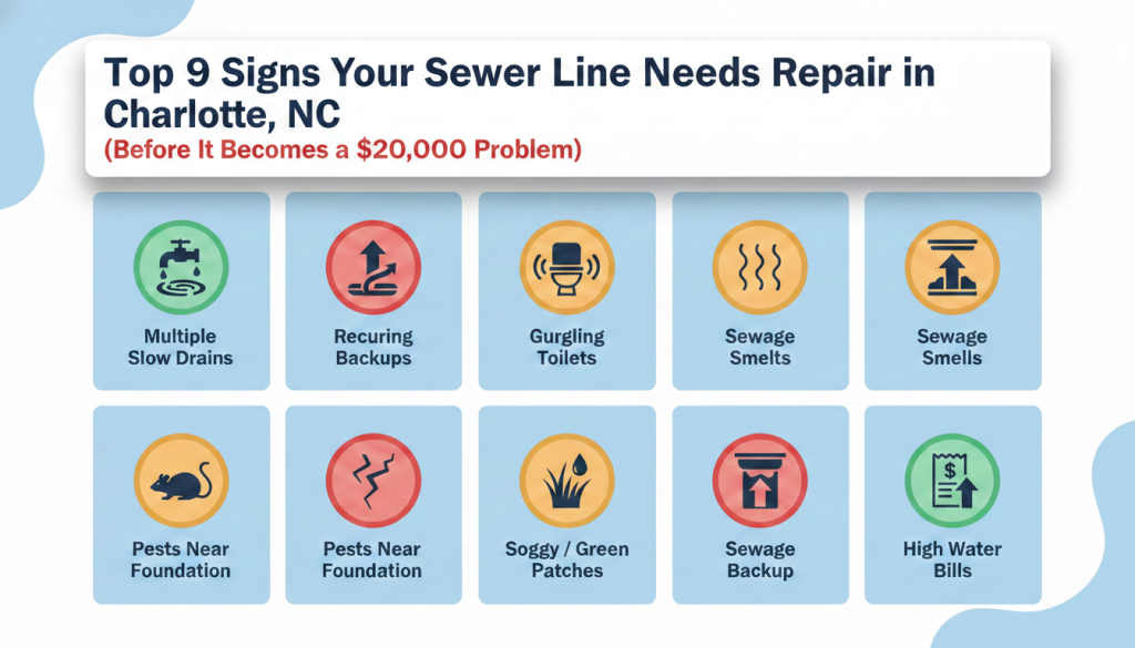 Prodigy Sewer and Drain infographic explains 9 signs you may need sewer line repair in Charlotte, NC.