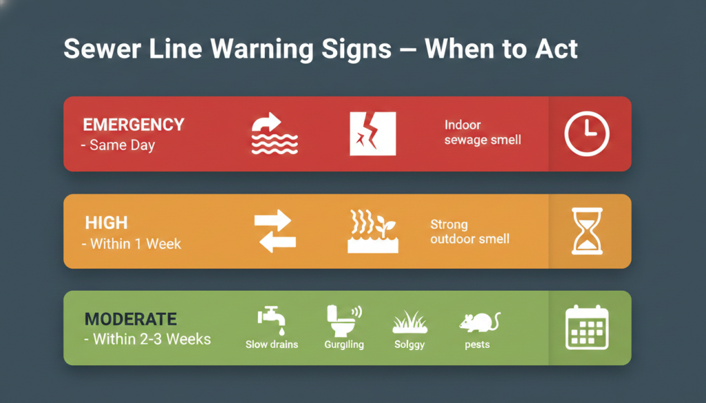 Prodigy Sewer and Drain shows when to act on sewer line issues, from immediate smells to slow drains and pests.