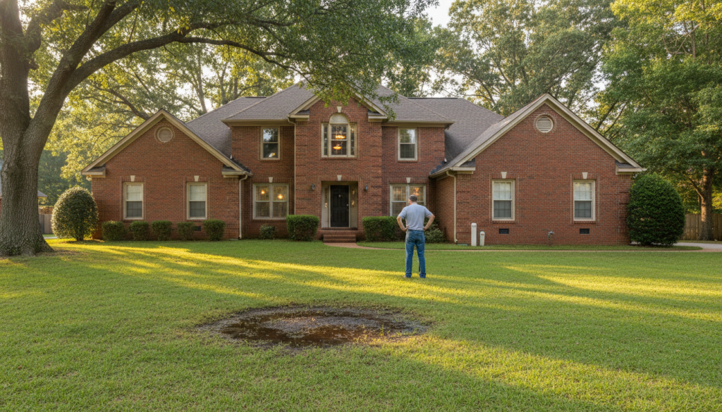 A person on a home's lawn notices a water issue. Prodigy Sewer and Drain can help solve yard drainage problems.