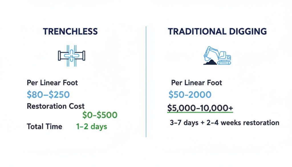 Prodigy Sewer and Drain shows trenchless pipe fixes are usually faster, less costly, and need less repair than digging methods.