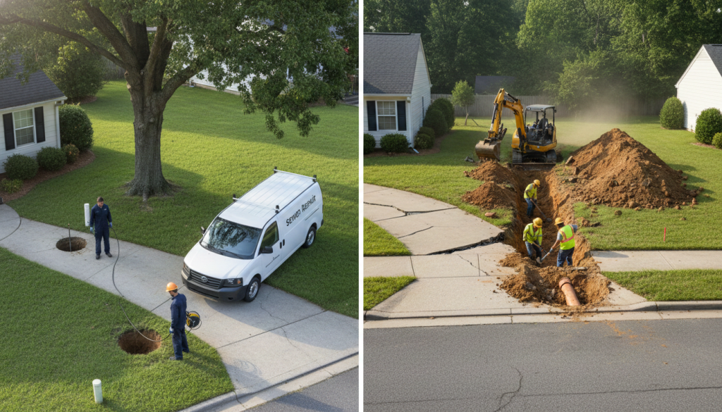 Prodigy Sewer and Drain team replaces a damaged pipe in a home's yard using safe equipment and skilled workers.