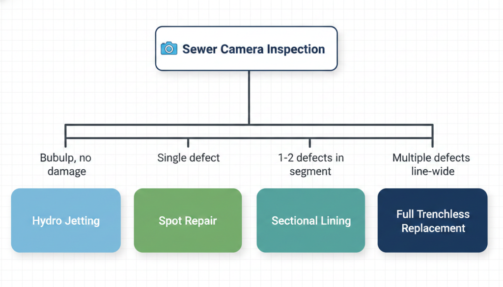 Prodigy Sewer and Drain’s chart shows how inspection results decide repair: from cleaning to full trenchless replacement.