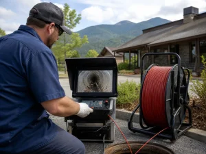 A Prodigy Sewer and Drain worker checks underground pipes using a video camera to make sure they are safe and clear.
