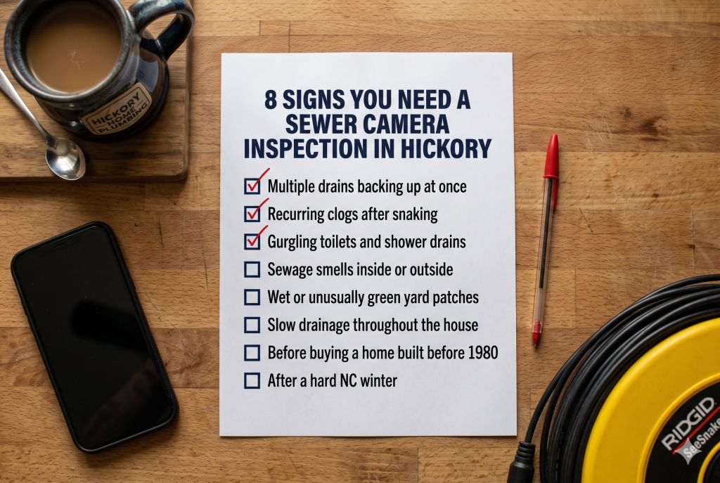 Prodigy Sewer and Drain checklist shows 4 warning signs, like multiple drains backing up, needing a camera inspection.