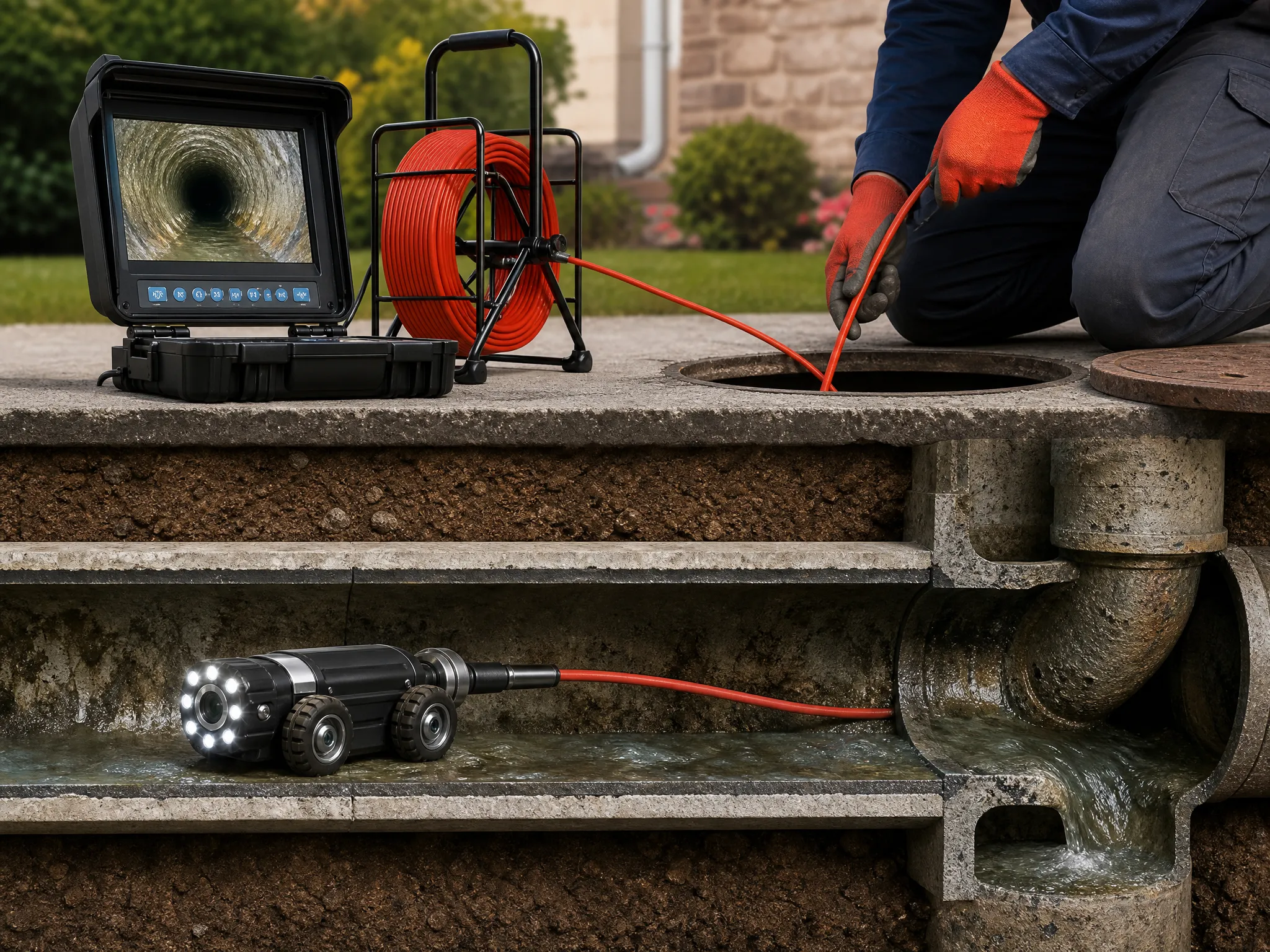 Prodigy Sewer and Drain worker checks a sewer pipe using an inspection camera, viewing footage to find pipe issues.