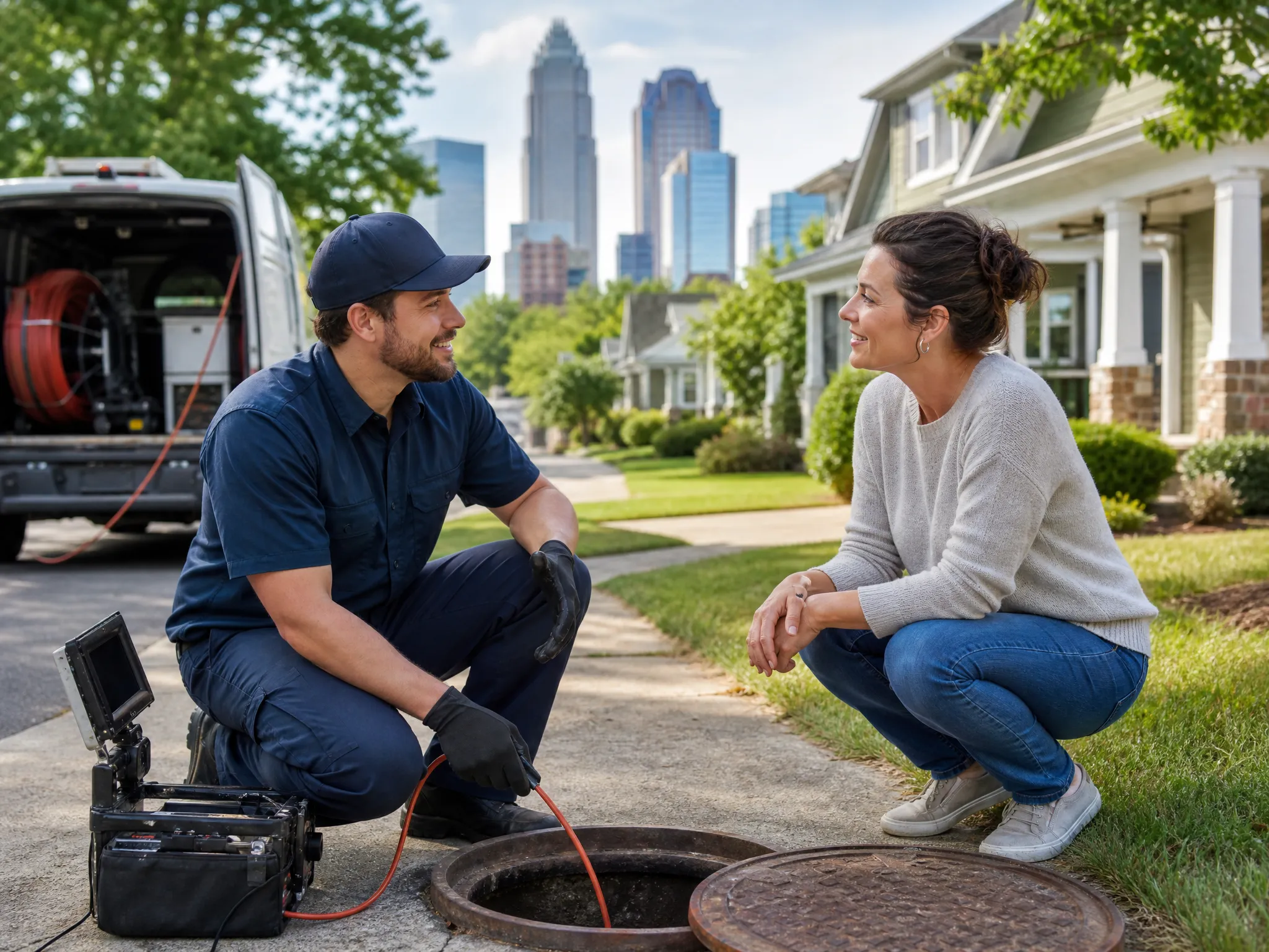 A Prodigy Sewer and Drain plumber helps a woman on a city street, showing friendly and expert service.