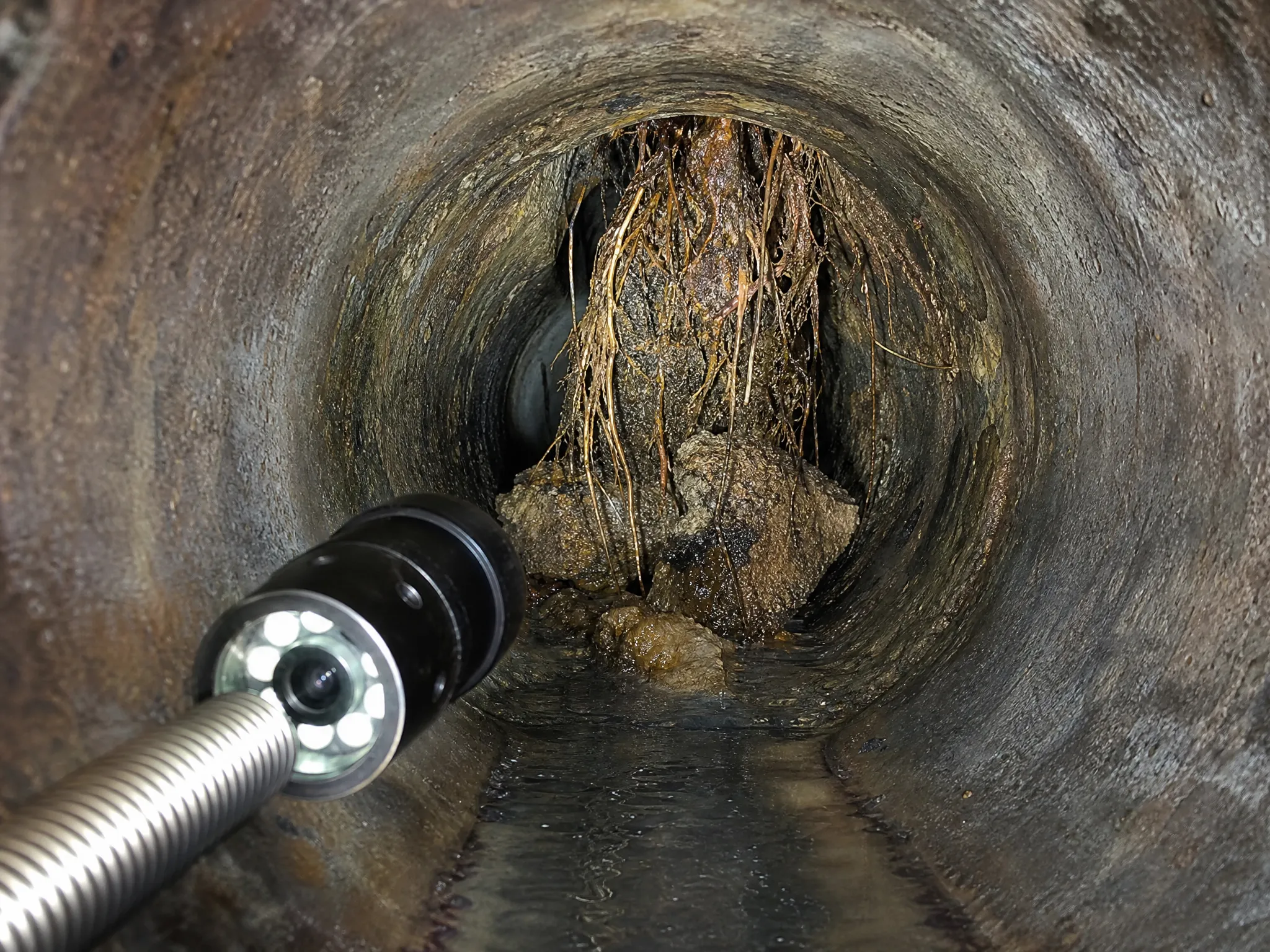 Pipeworks Plumbing and Construction finds a tree root blockage inside a pipe that slows water flow.