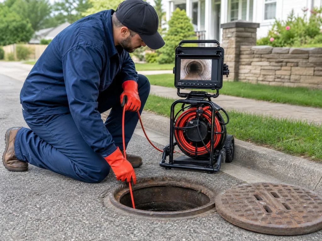 Prodigy Sewer and Drain worker checks a pipe with a camera to find problems in a neighborhood sewer line.