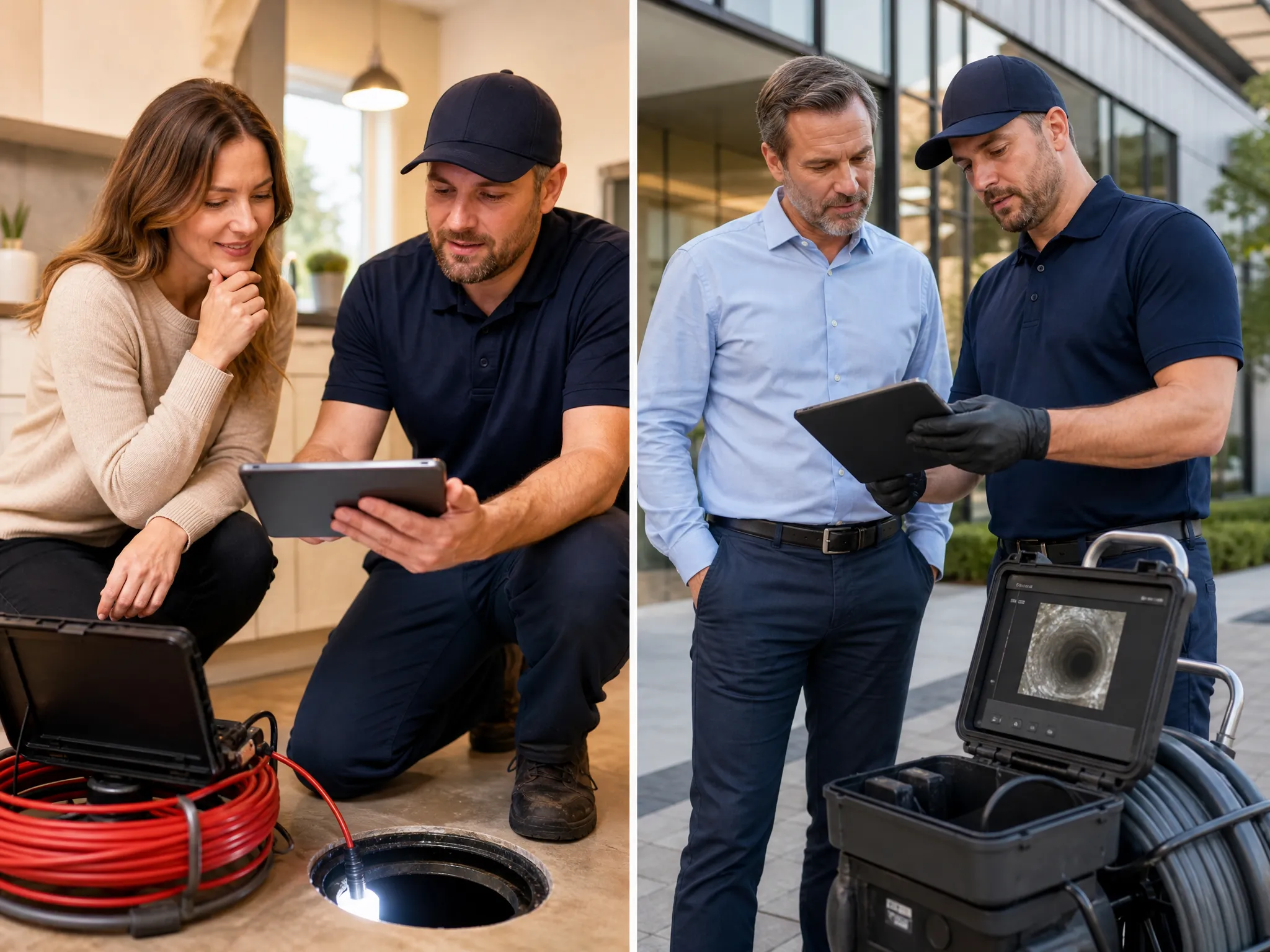 Prodigy Sewer and Drain worker explains inspection results to customers using a tablet and sewer camera footage.