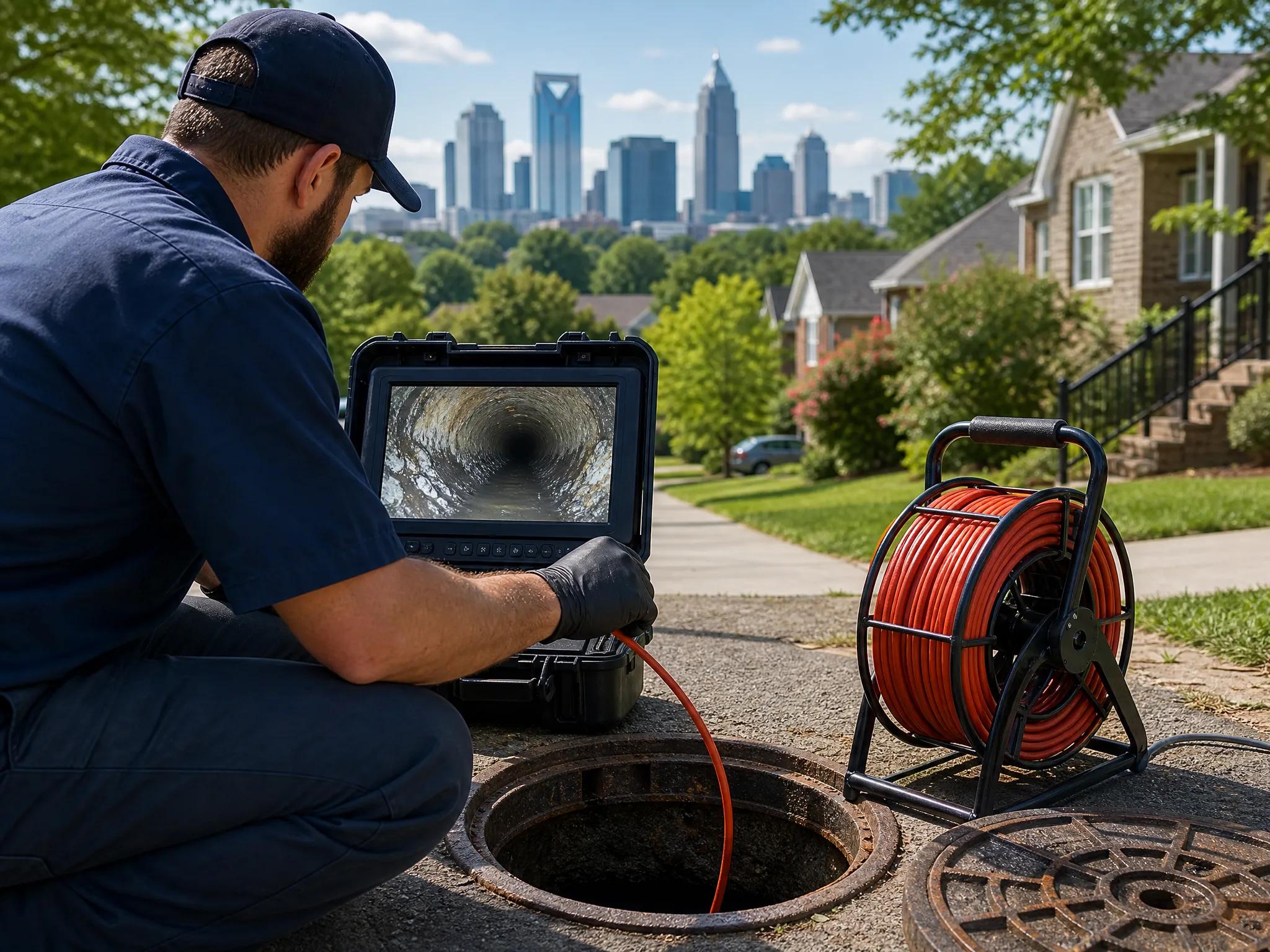 Prodigy Sewer and Drain worker checks a sewer line with special tools on a local street in the city.