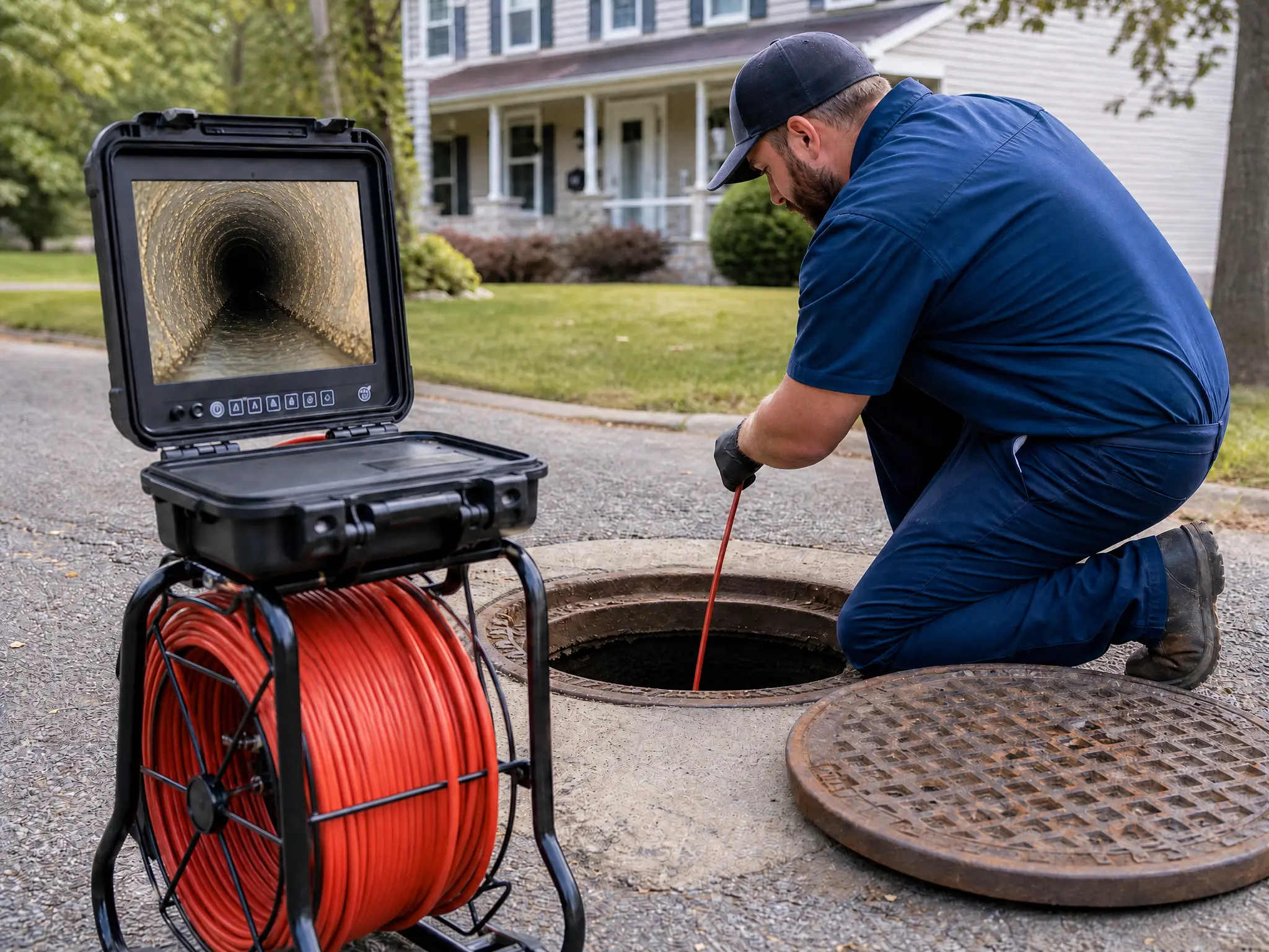 Prodigy Sewer and Drain worker inspects a neighborhood manhole with a camera to check for sewer pipe problems.