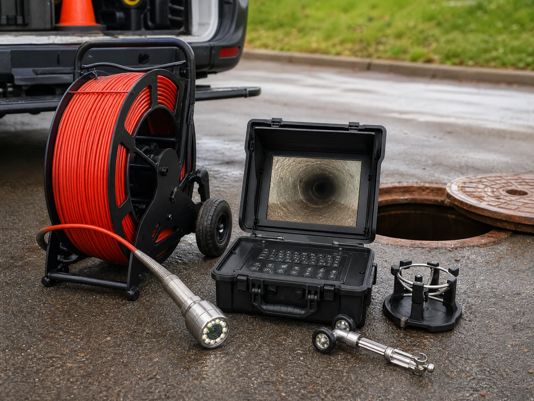 Prodigy Sewer and Drain uses special camera tools by an open manhole to check for pipe problems.