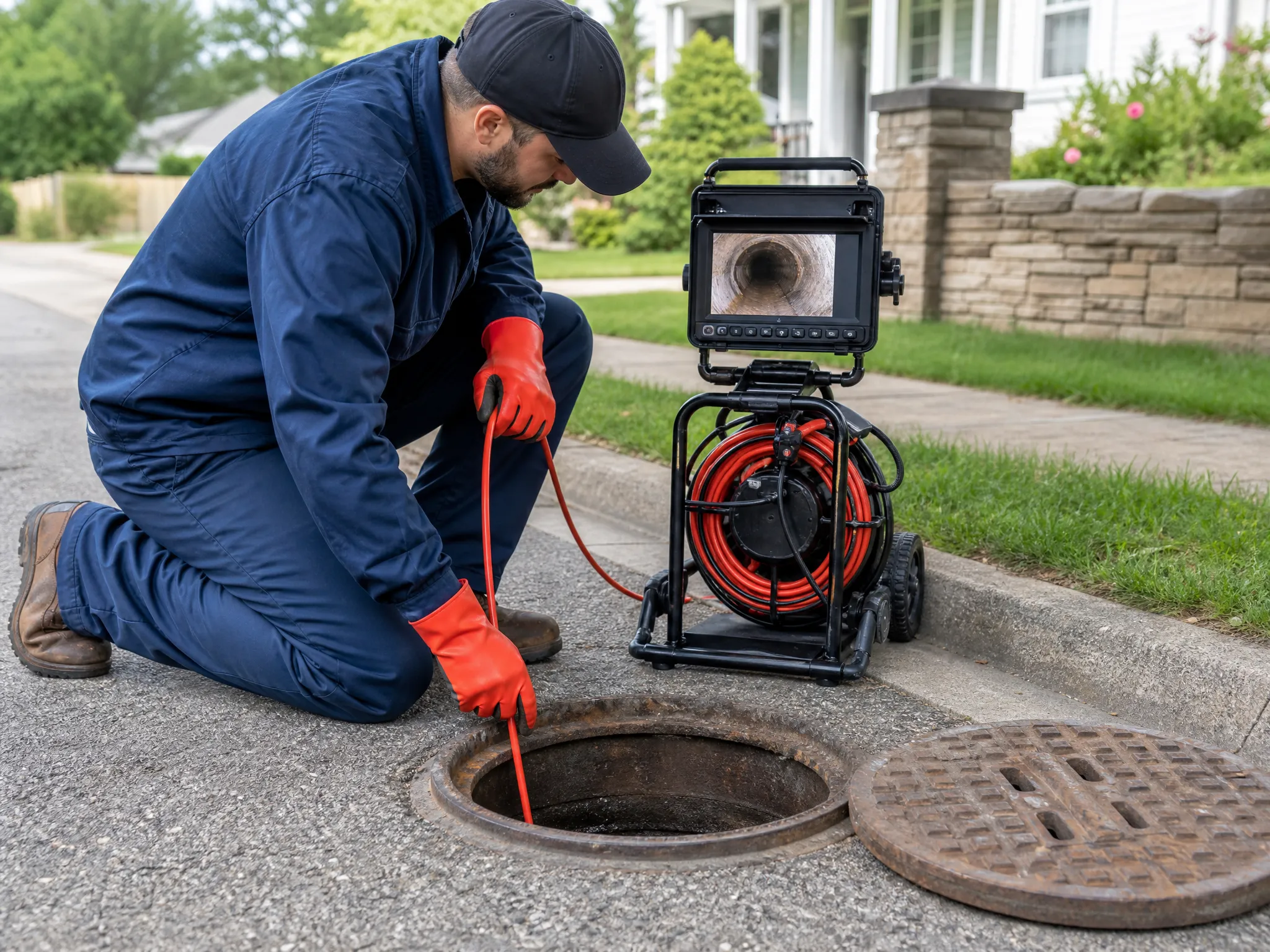 Pipeworks Plumbing and Construction worker checks a pipe with a camera to find problems in a neighborhood sewer line.