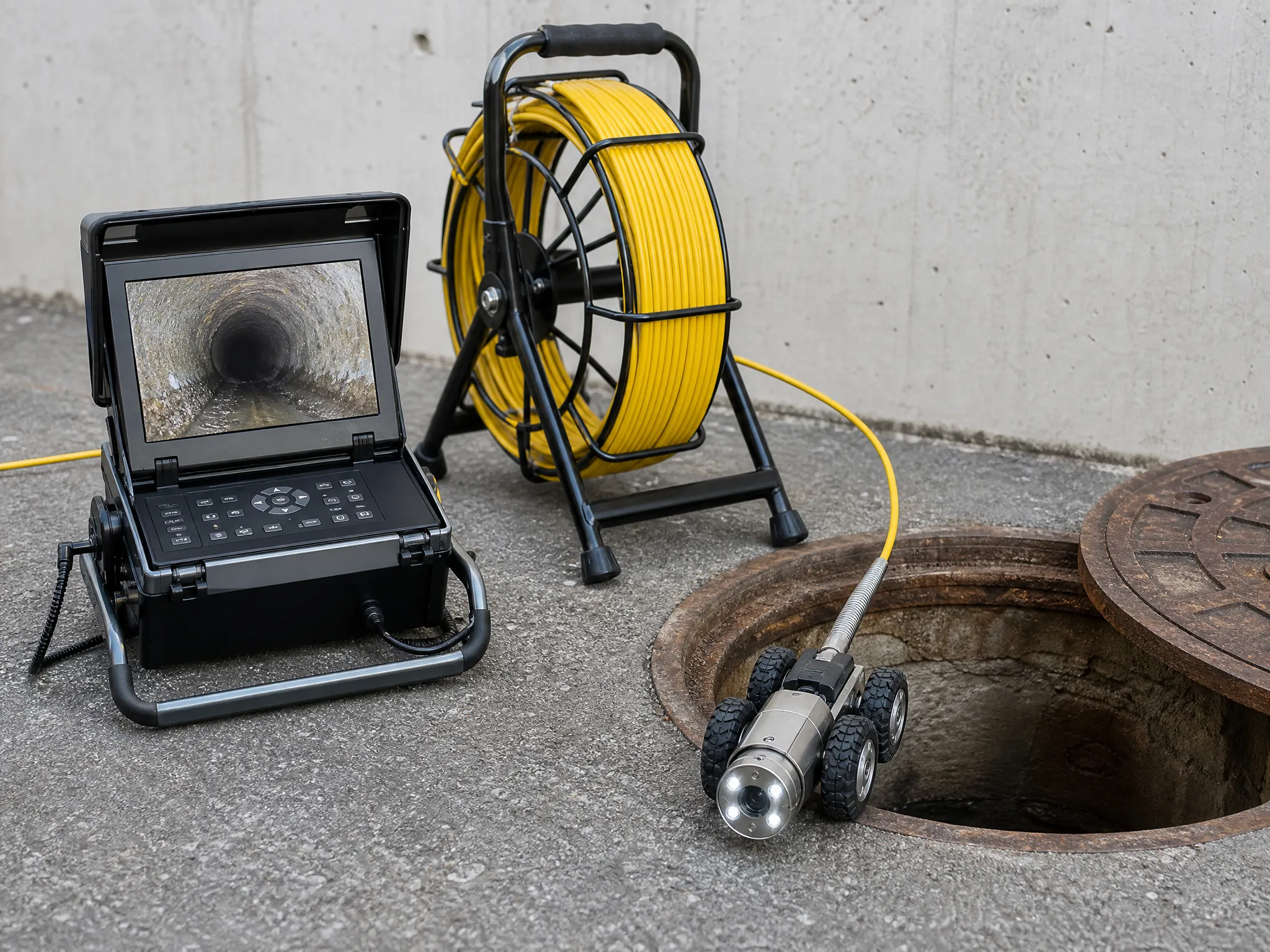 Pipeworks Plumbing and Construction uses a camera system to check pipes, showing real-time pipe conditions by an open manhole.