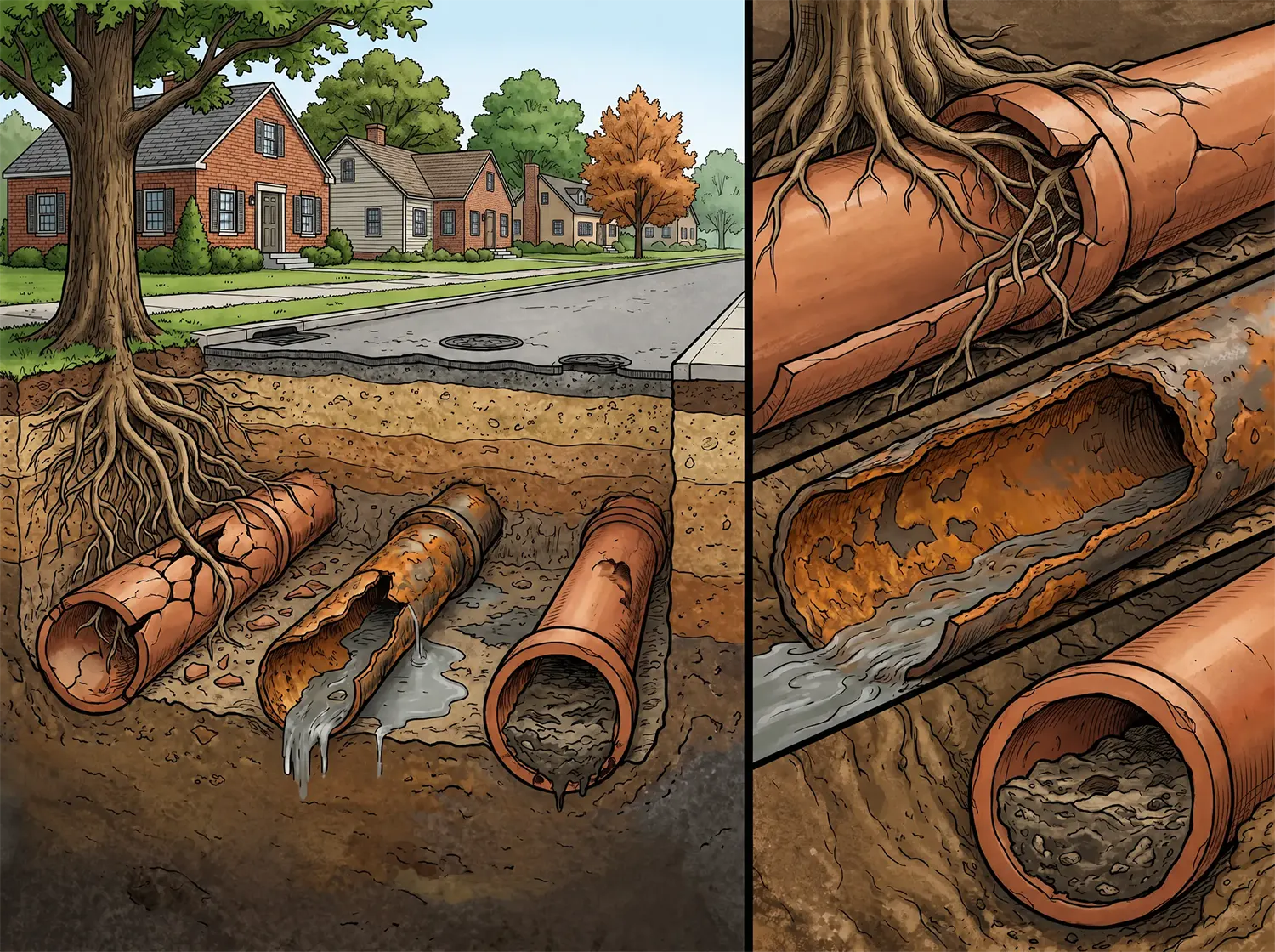 Prodigy Sewer and Drain shows how tree roots can damage pipes underground, causing leaks and clogs that need fixing.