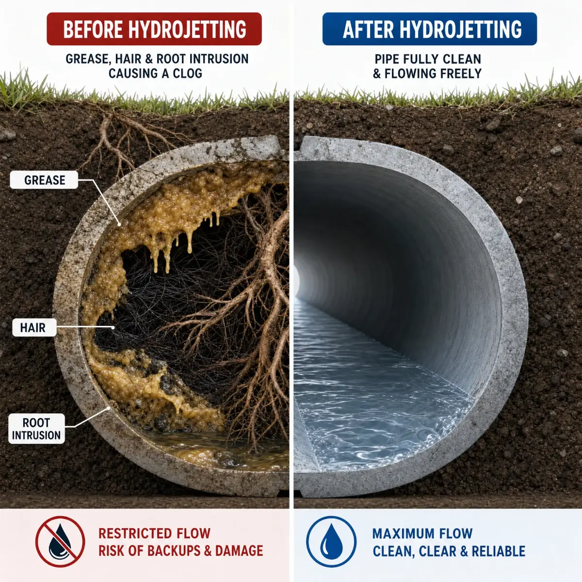 Prodigy Sewer and Drain shows how hydrojetting clears clogged pipes, making them clean for water to flow easily.