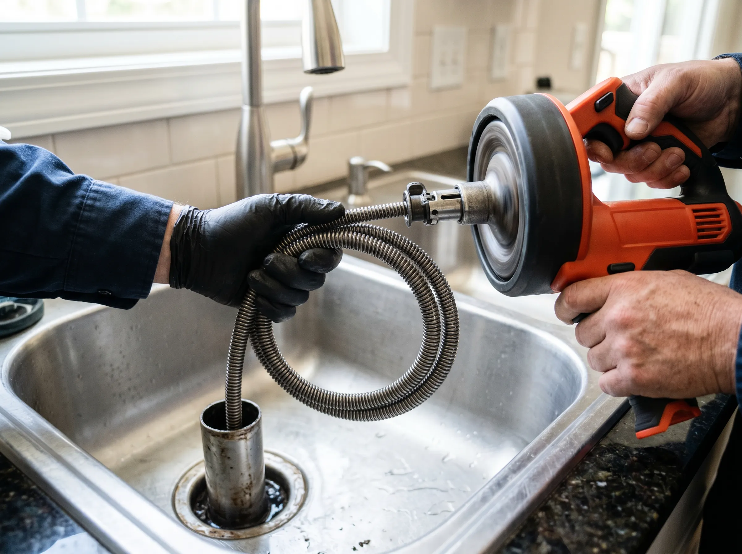 Prodigy Sewer and Drain workers use a plumbing snake machine together to clear a clogged kitchen sink drain.